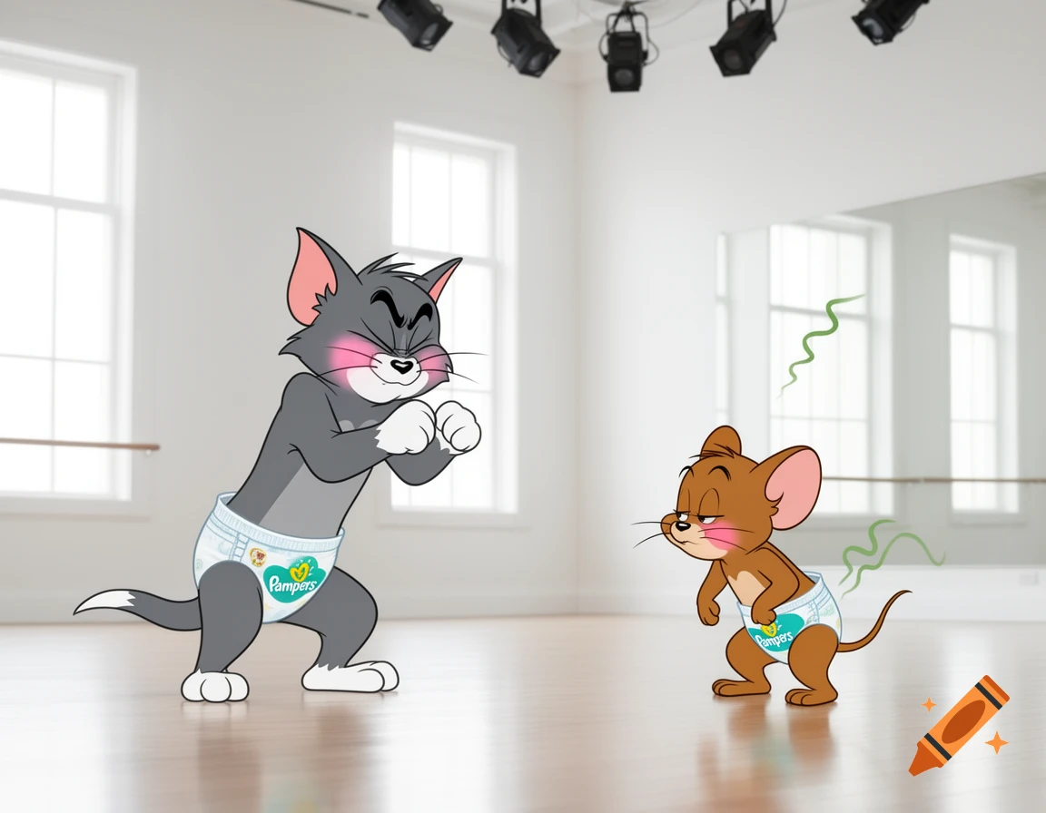 Cartoon Tom and Jerry in diapers in a dance studio. Tom strains, while Jerry looks disgusted with green stink lines from his diaper.