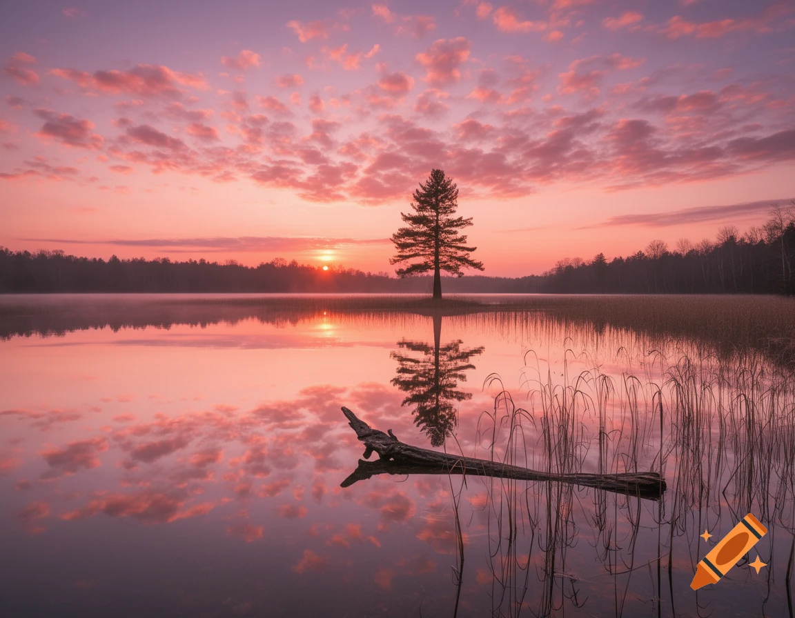 A lone pine tree stands in a calm lake, reflecting perfectly under a vibrant pink and purple sunset sky.