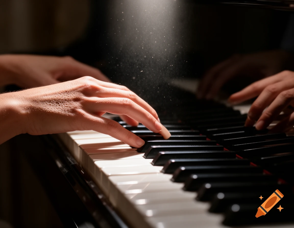 Close-up of hands playing a piano with a ray of light highlighting dust particles.