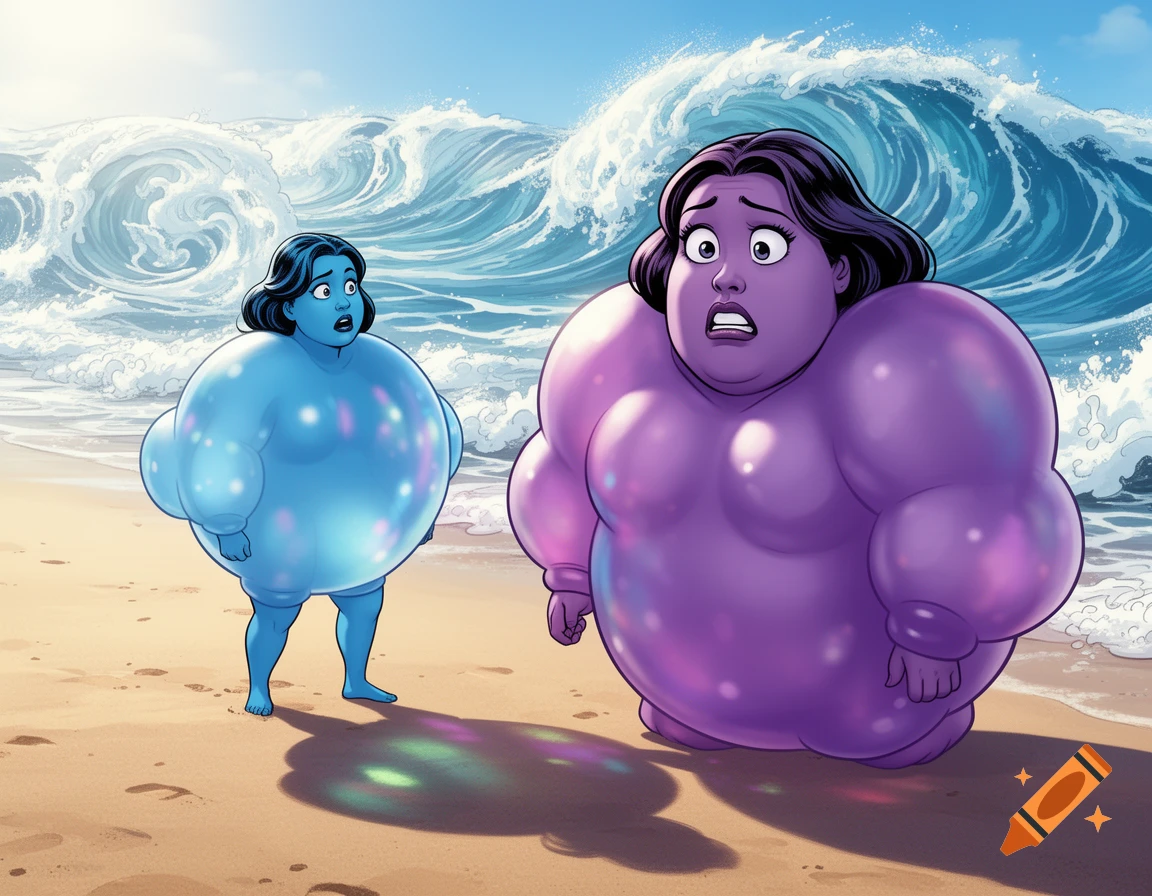 A blue, ball-shaped woman and a larger purple, ball-shaped woman stand surprised on a sandy beach with large ocean waves in the background, in a comic style.