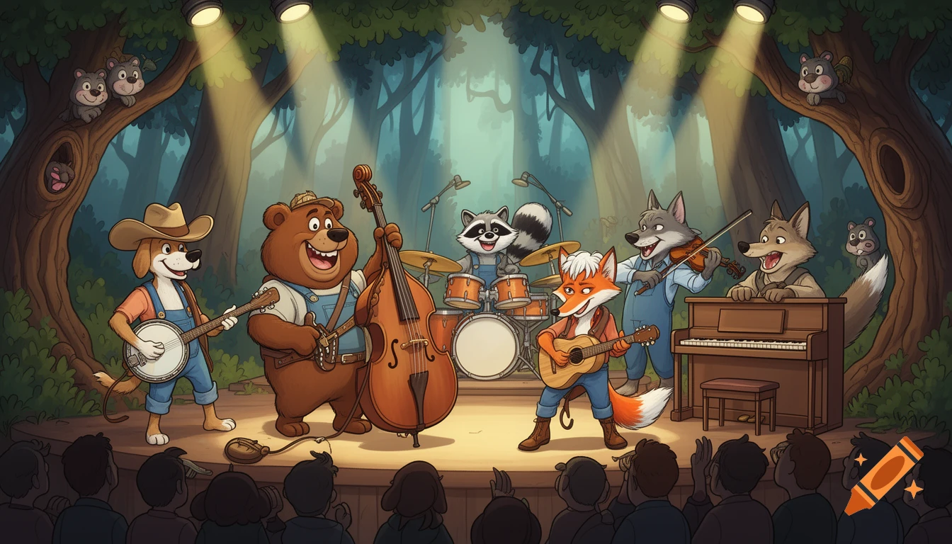 A cartoon country band of animals, including a dog, bear, fox, raccoon, wolf, and coyote, performs on a stage in a forest.