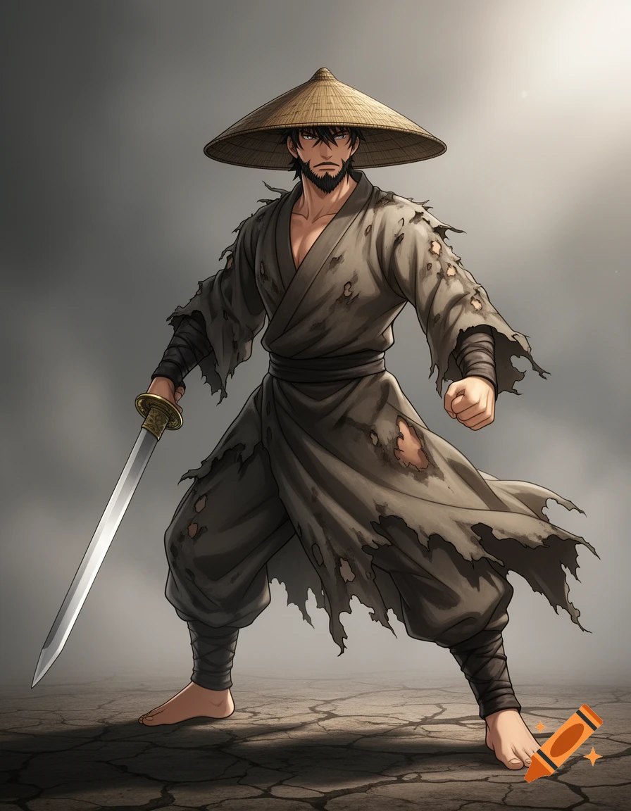 A bearded anime-style warrior in ragged clothes, a conical straw hat, and barefoot, stands with a sword on cracked ground.