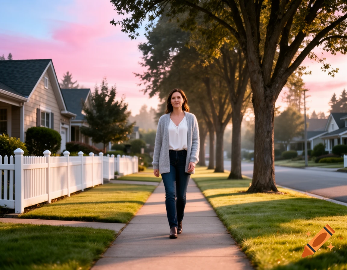 A woman walks on a sidewalk through a quiet, tree-lined morning neighborhood with houses under a pink sky, photorealistic.