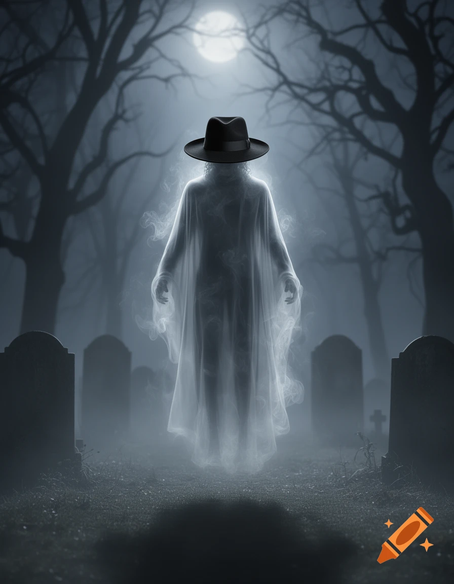 An ethereal ghost wearing a black fedora hat stands in a foggy graveyard under a bright full moon, surrounded by bare trees and tombstones.