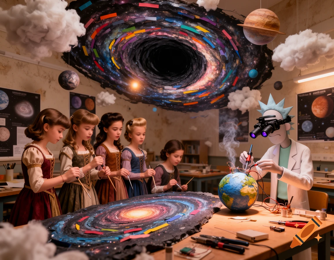 Children in medieval dresses paint a galaxy artwork while Rick Sanchez solders electronics onto a globe in a surreal science classroom.