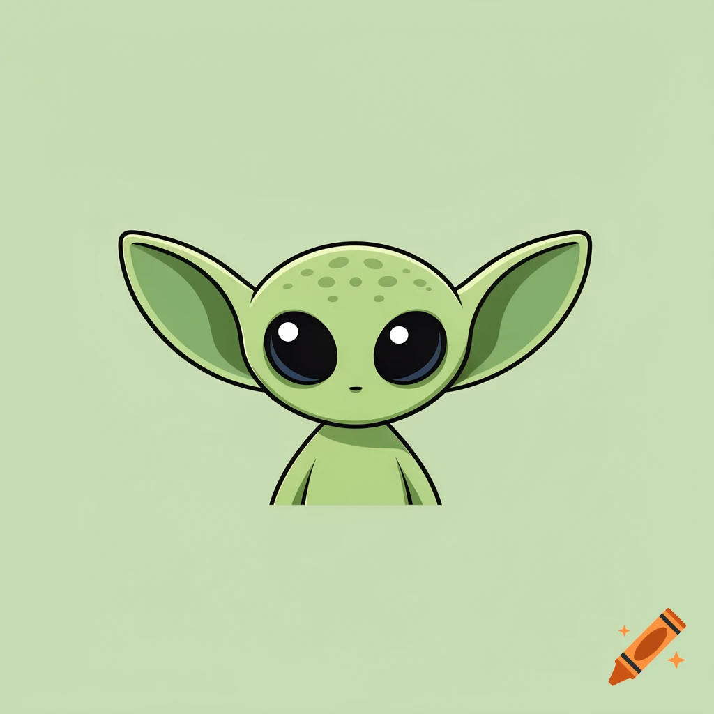 A cute, minimalist vector illustration of a green alien with big ears and large black eyes on a light green background.