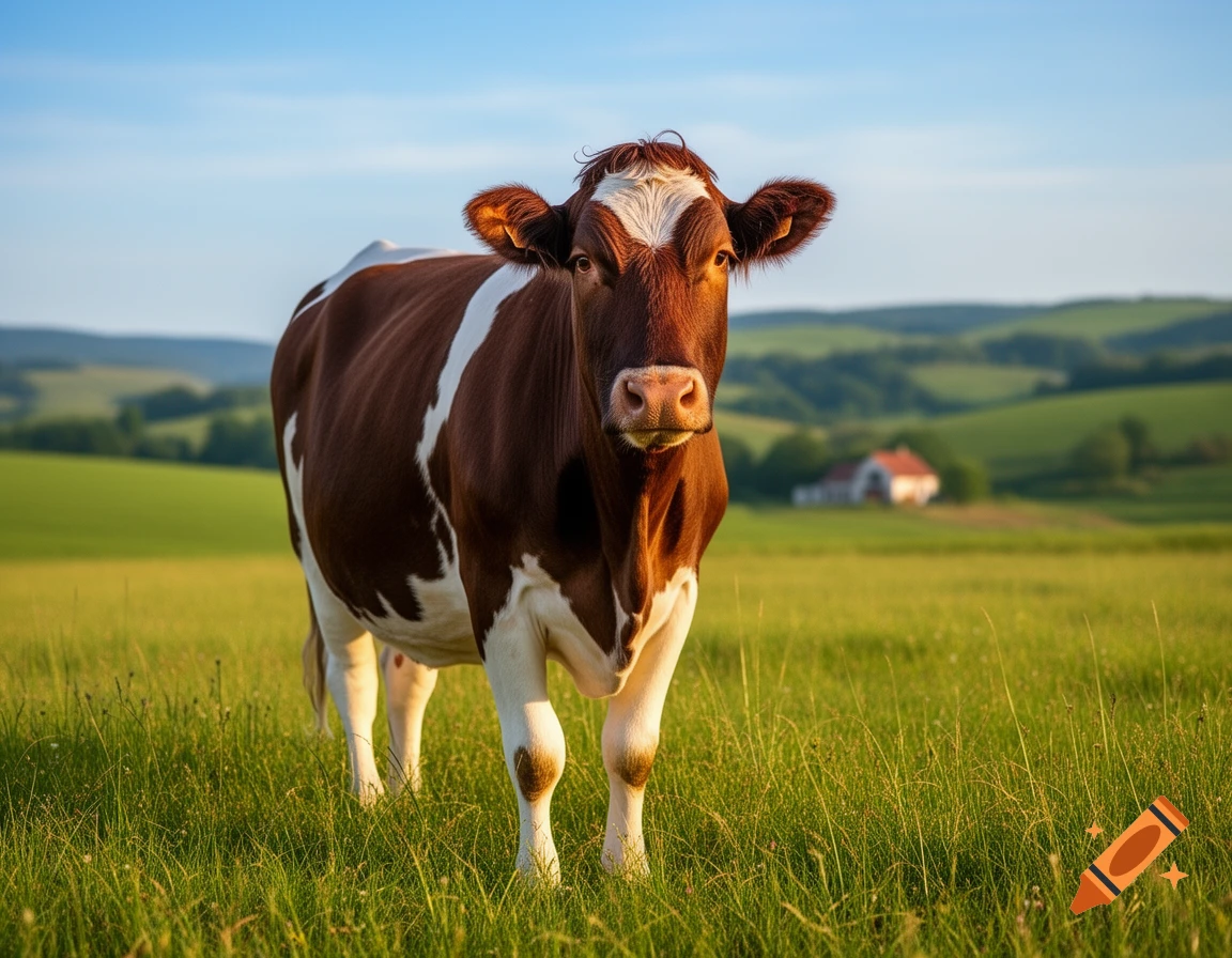A brown and white cow stands in a green grassy field with rolling hills and a house in the background under a blue sky.