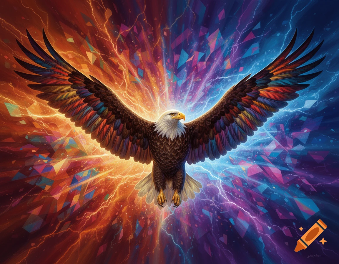 A bald eagle with vibrant, multi-colored wings spread, soaring against an explosive abstract background of red, orange, blue, and purple lightning.