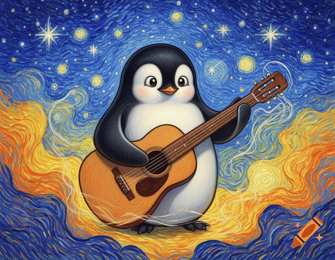 A cartoon penguin playing an acoustic guitar against a starry night sky in the style of Van Gogh.