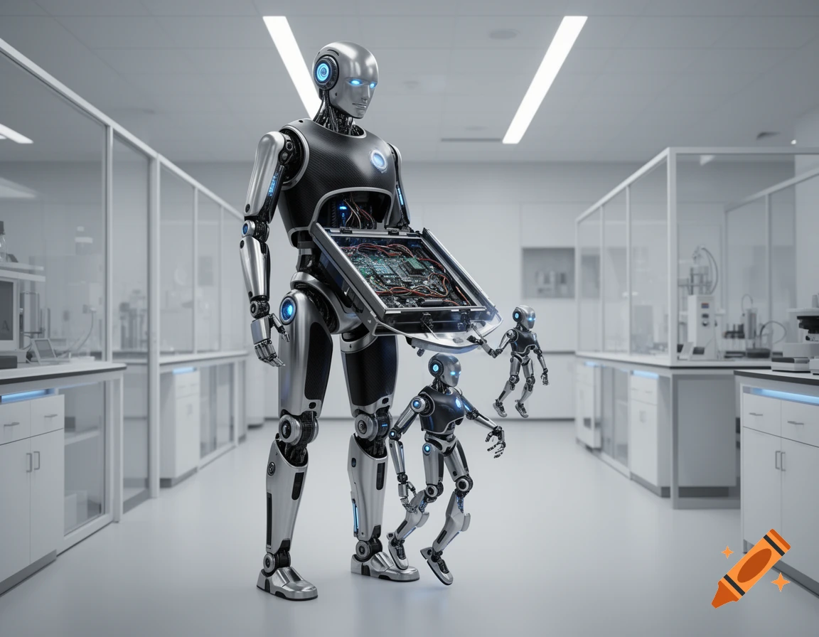 A large silver and black robot in a futuristic lab, with its chest open revealing circuits and three smaller robots.