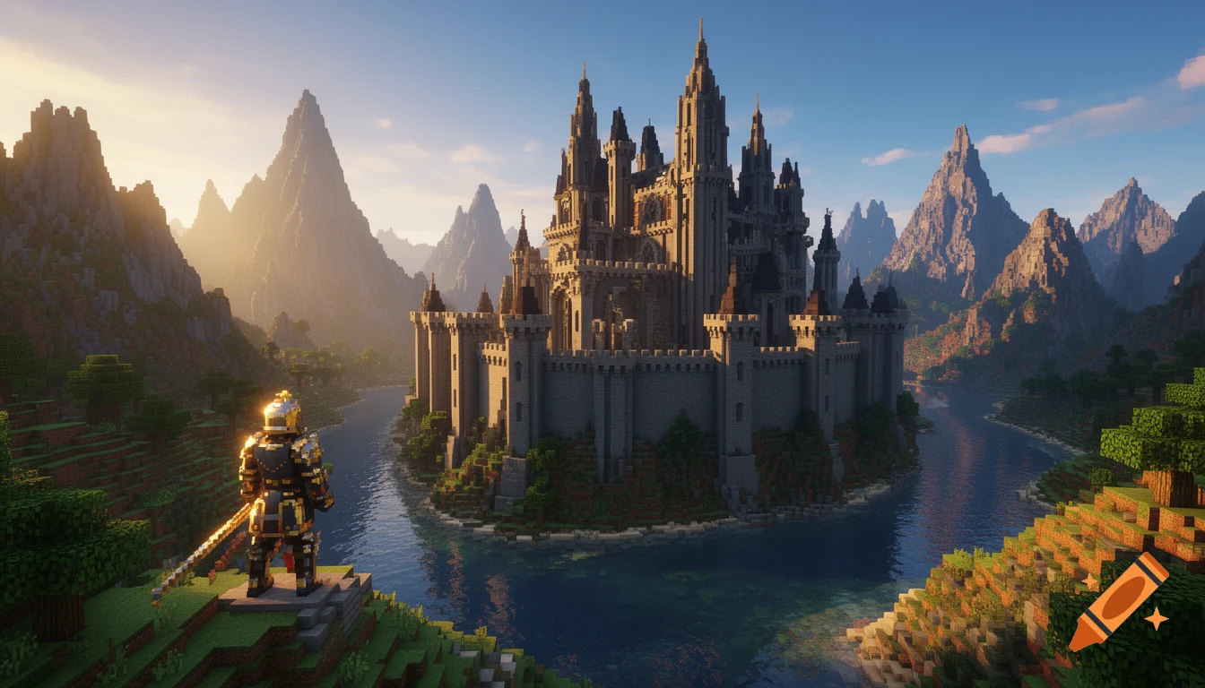 A pixelated Minecraft-style landscape features a knight overlooking a grand fortress on a river, surrounded by majestic mountains at sunset.