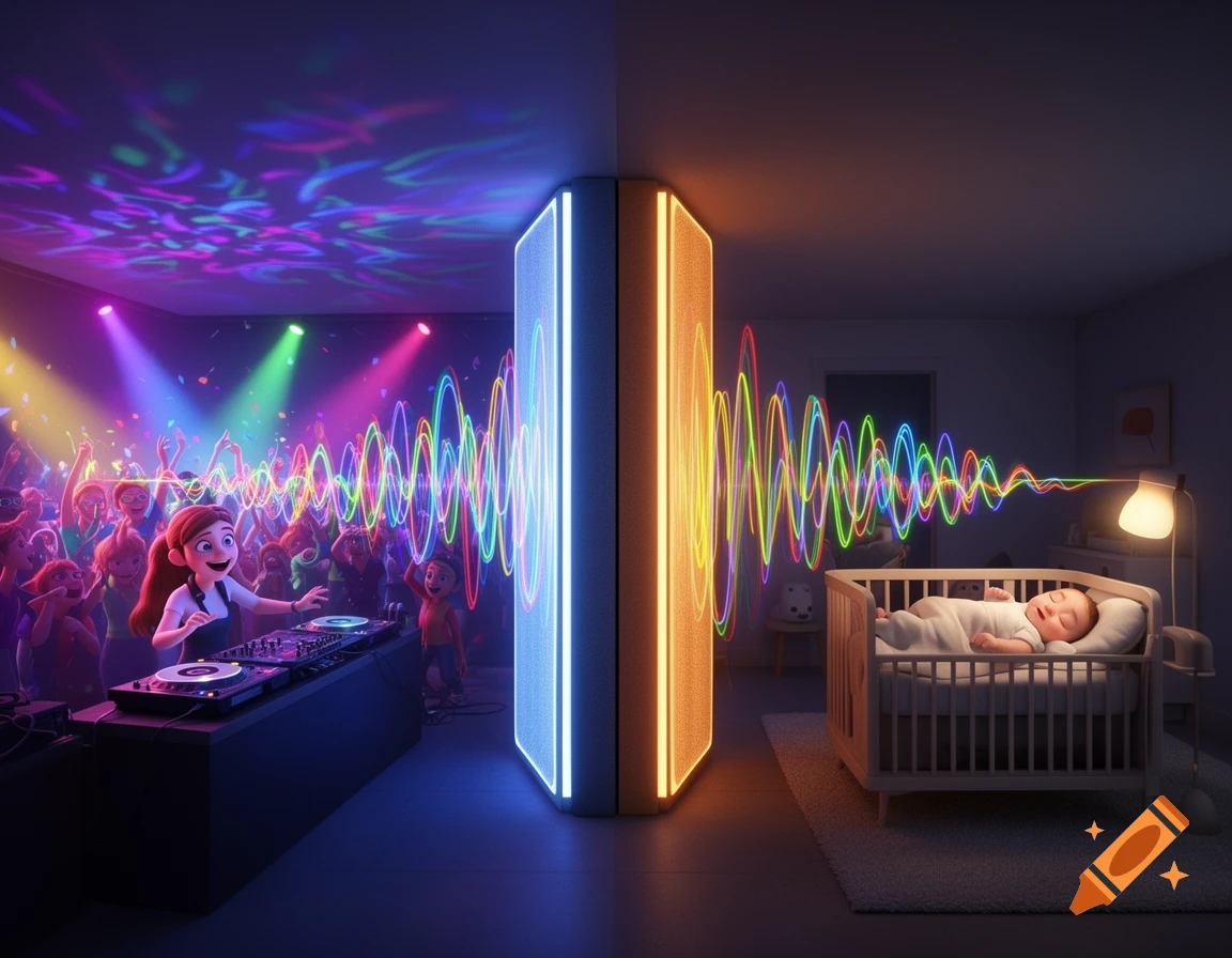 A Pixar-style illustration splits a vibrant rave party with a DJ from a peaceful nursery with a sleeping baby, connected by colorful sound waves.