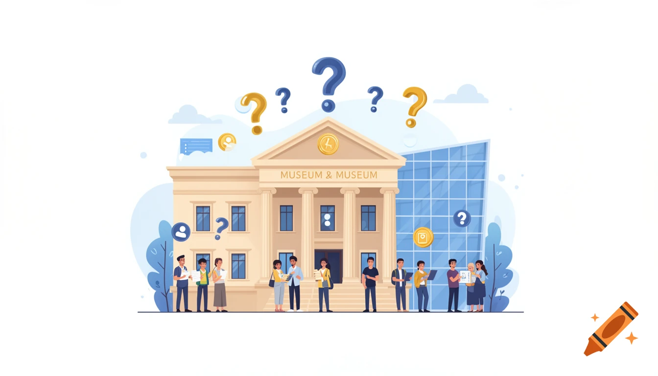 Modern illustration of people standing outside a museum building with question marks floating above, in a vector art style.