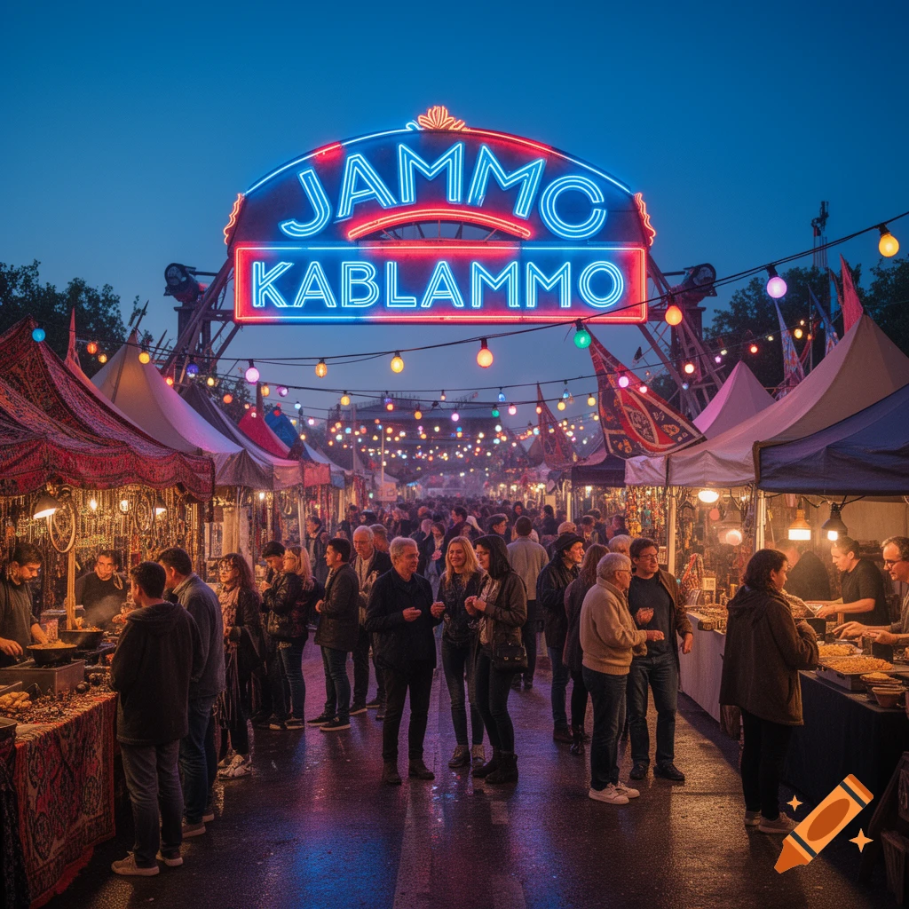 A vibrant night market scene at dusk, with numerous people browsing illuminated stalls beneath a prominent neon sign reading "JAMMO KABLAMMO".