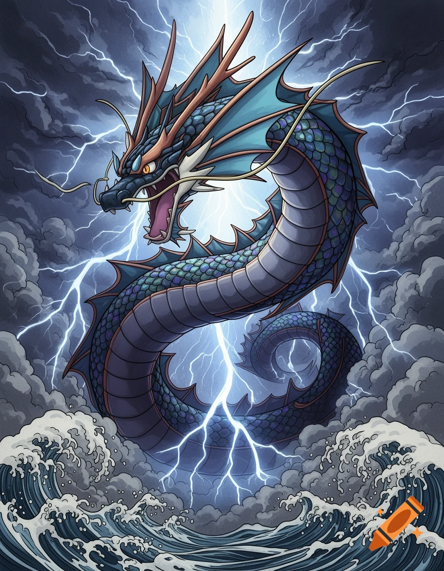A blue Gyarados dragon with fins and spikes rises from stormy ocean waves, surrounded by bright lightning, in a Japanese art style.
