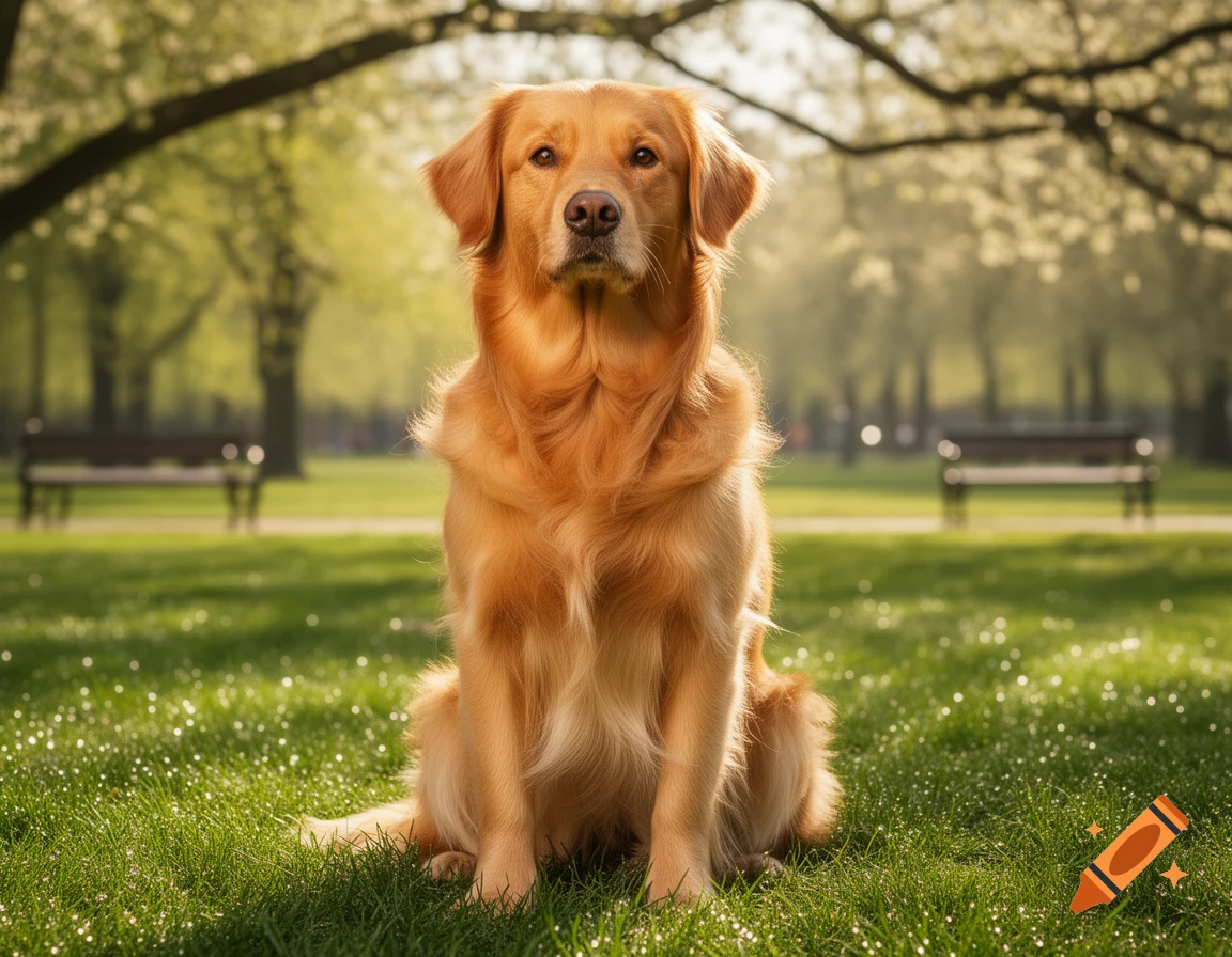 A golden retriever sits in a sunlit grassy park with trees and park benches blurred in the background.
