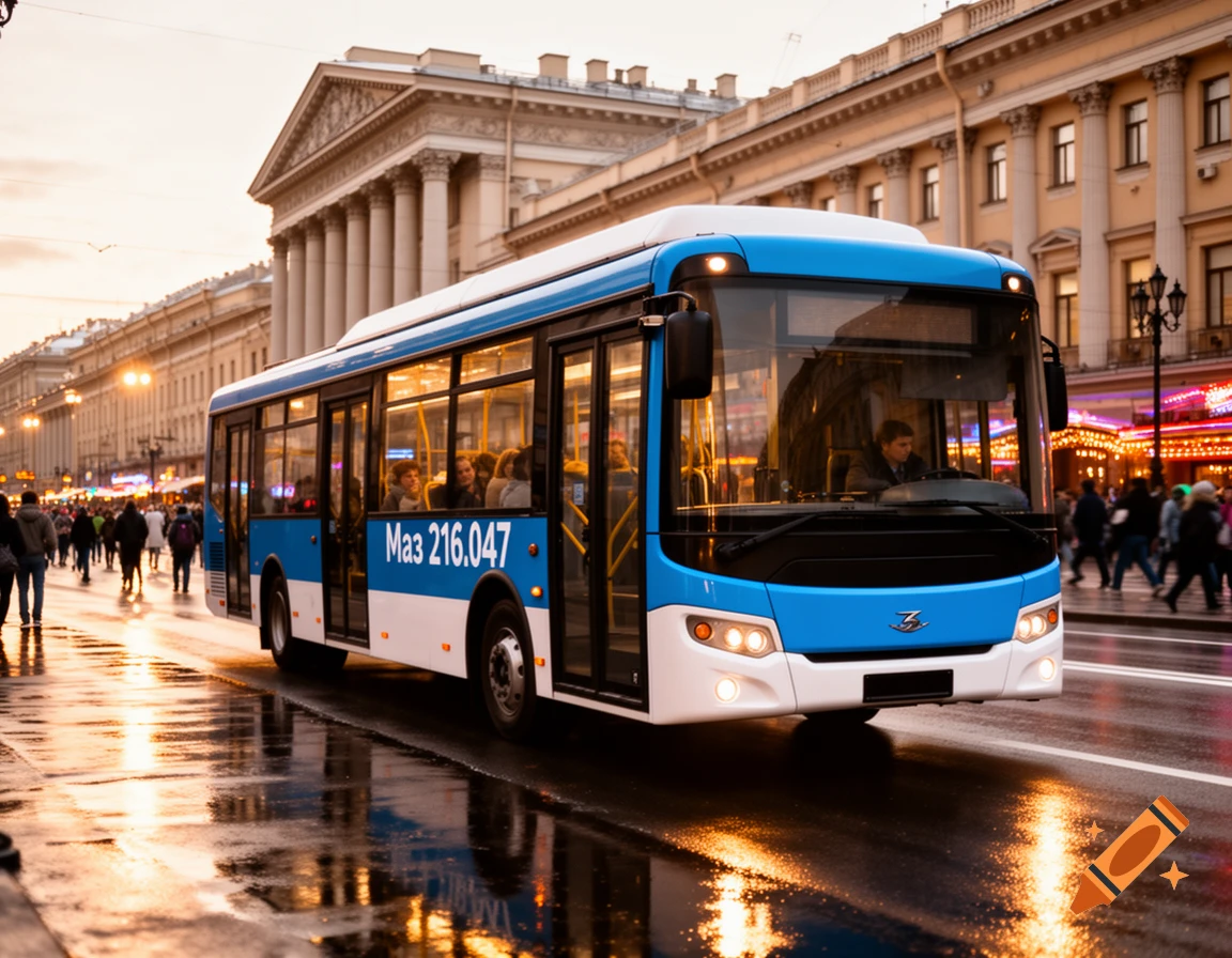 A blue and white modern bus drives on a wet city street at dusk, with people on sidewalks and grand buildings in the background.
