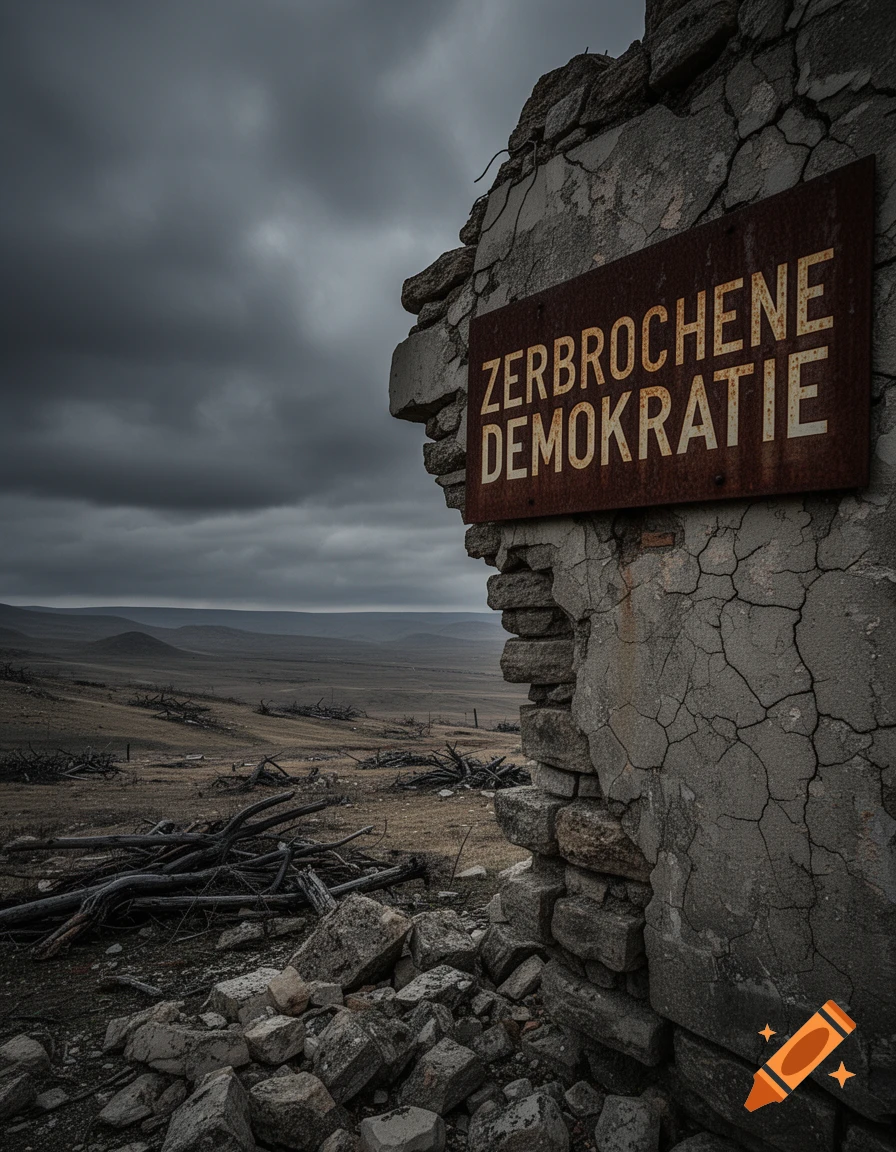 A sign reading "ZERBROCHENE DEMOKRATIE" (Broken Democracy) on a ruined stone wall overlooking a desolate landscape under a dark, cloudy sky.