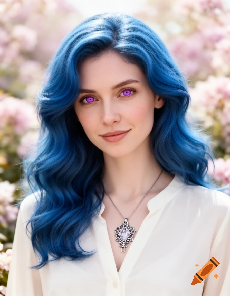A photorealistic portrait of a woman with vibrant blue hair and purple eyes, wearing a white shirt and an ornate pendant, smiling outdoors amidst pink flowers.