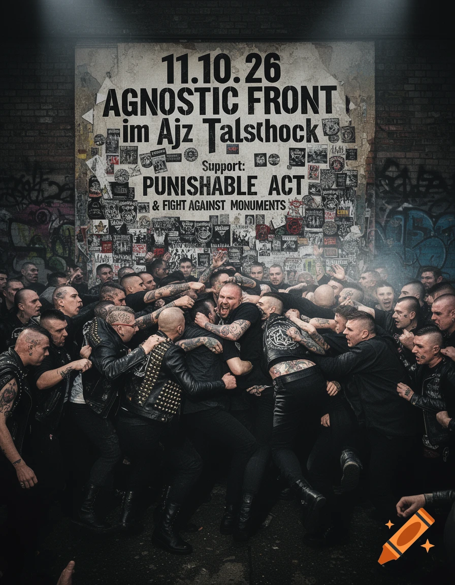 A high-angle shot captures a chaotic moshpit of men with short hair and tattoos in a gritty urban setting, beneath a large poster advertising "AGNOSTIC FRONT".