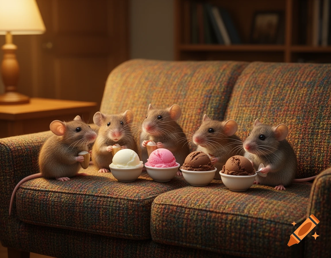 Five cute mice sitting on a textured couch eating different flavors of ice cream, in a warm lit room.