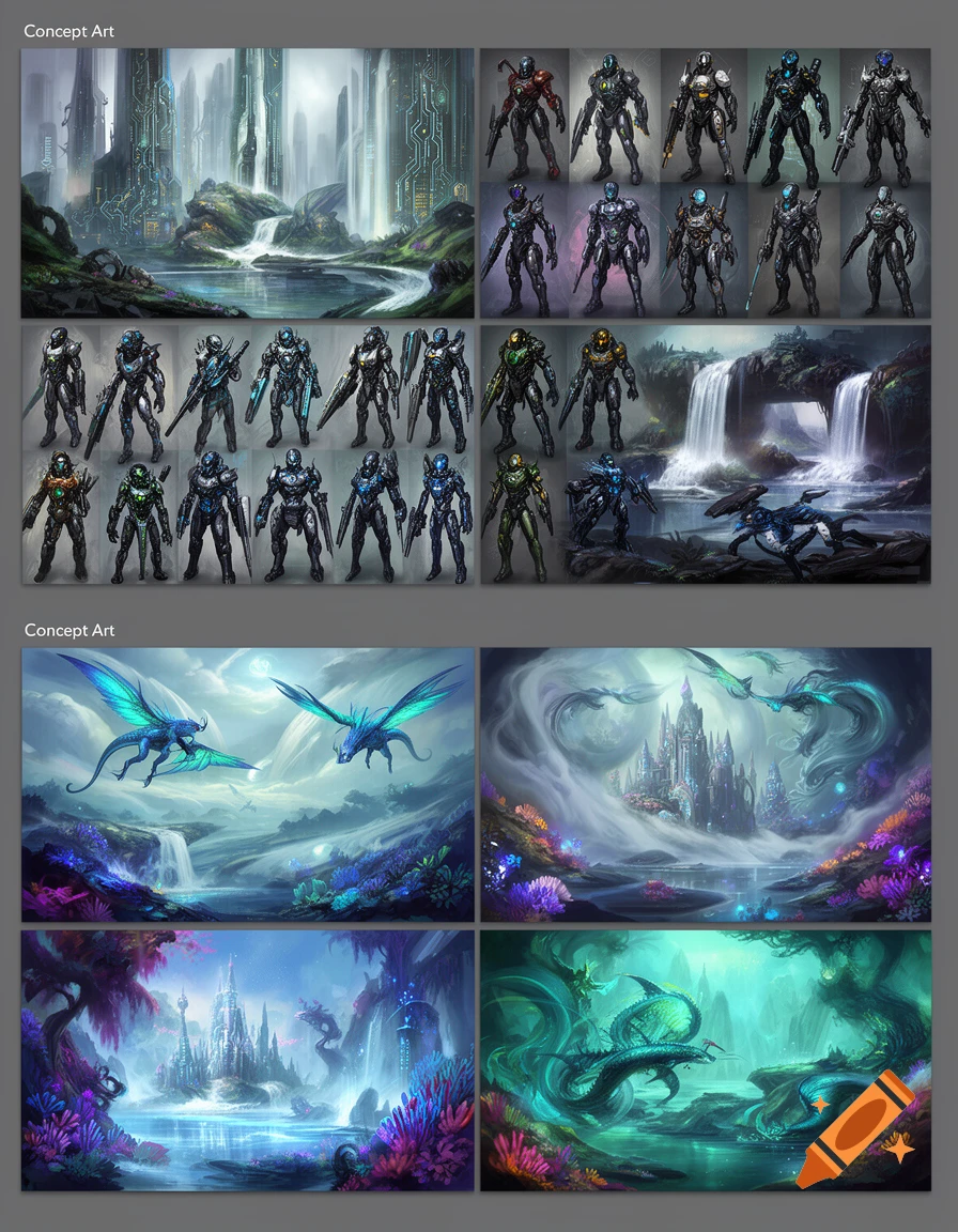 Two pages of concept art displaying sci-fi landscapes with mechs and fantasy landscapes with dragons, castles, and glowing plants.