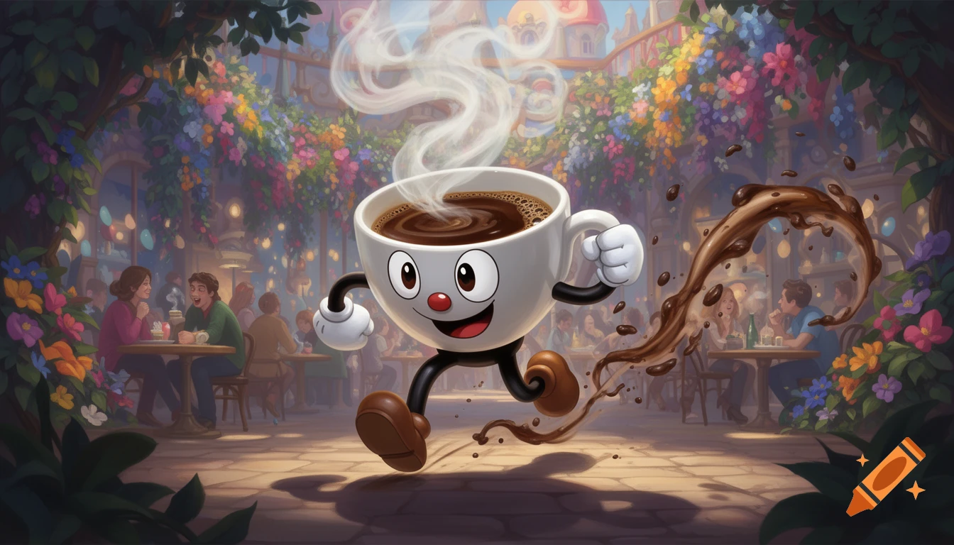 A whimsical cartoon coffee cup character with a happy face and limbs runs energetically through a vibrant, flower-filled outdoor cafe, splashing coffee.