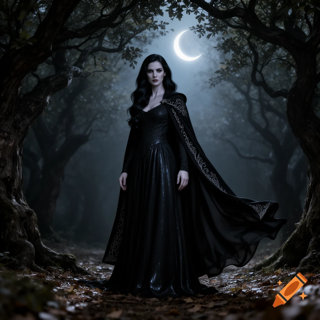 A woman in a long black gown and cape stands in a dark, mystical forest under a crescent moon, looking like a witch.