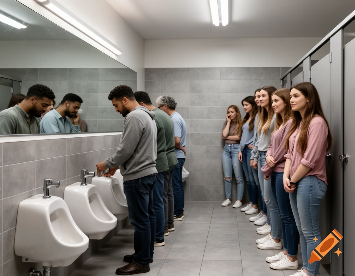 Men use urinals in a public men's restroom while a line of young women waits behind them, possibly for a stall.
