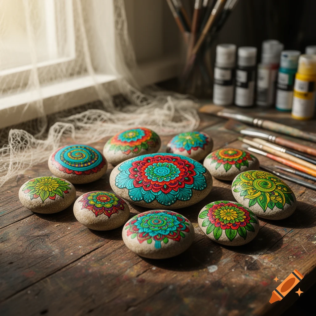 Colorful mandala-painted river stones on a rustic wooden table with art supplies, illuminated by sunlight from a window.