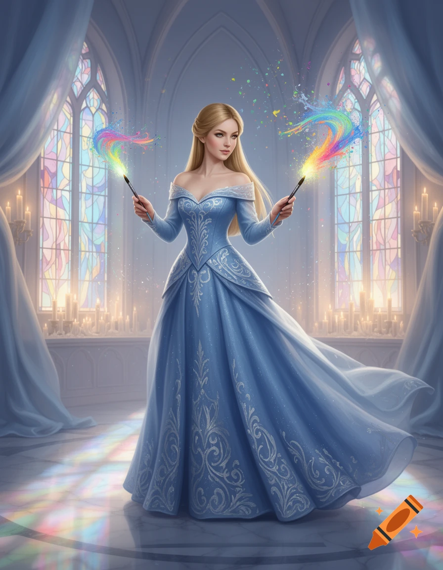 A blonde princess in a blue gown wielding two magic wands emitting colorful sparkles in a grand hall with stained glass windows.