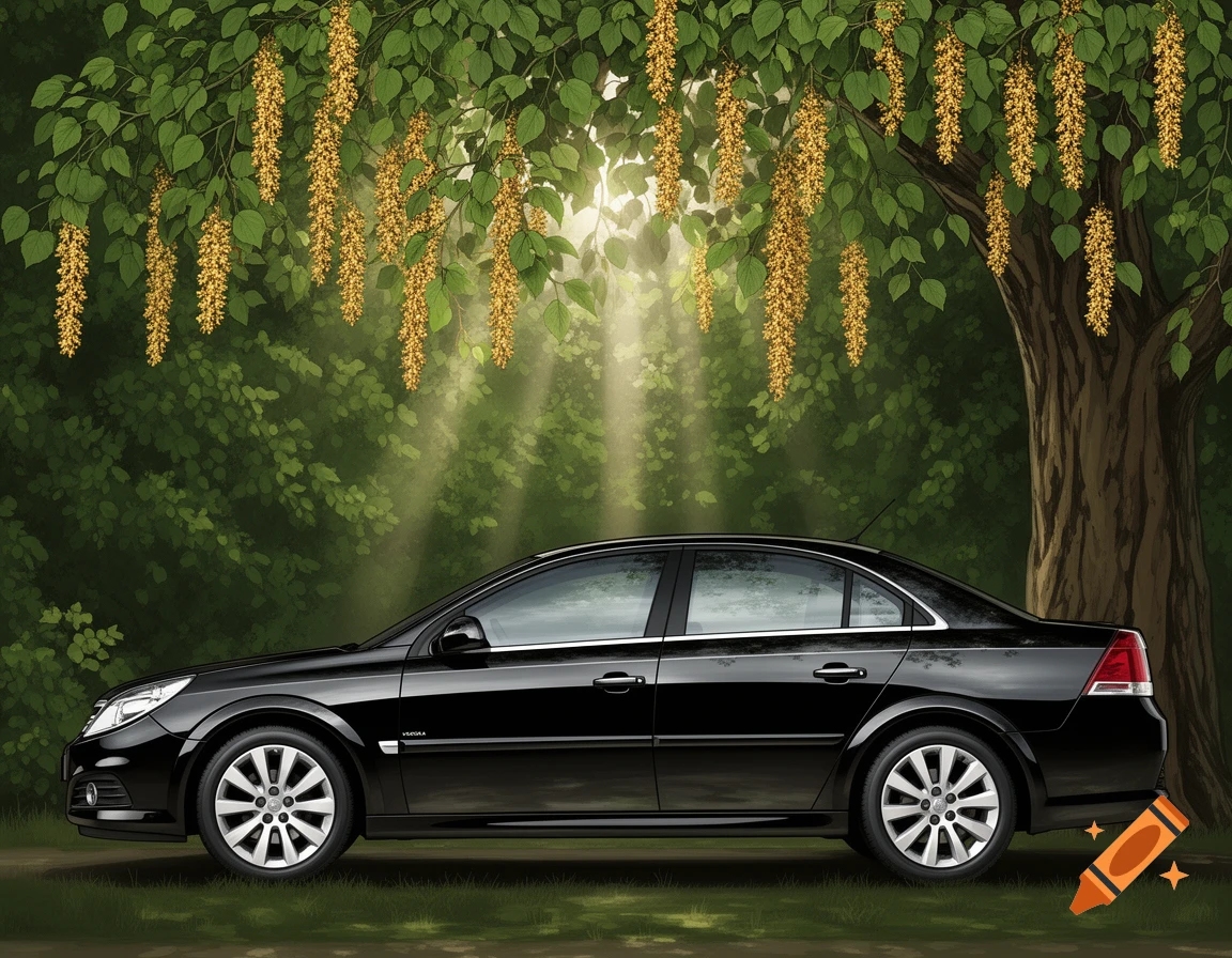 Digital drawing of a black 2007 Vauxhall Vectra C car parked under a linden tree with golden catkins.