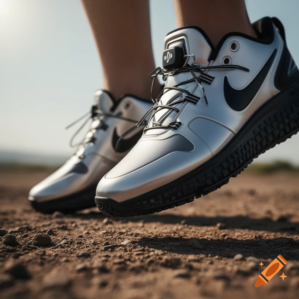 Close-up, low-angle shot of a pair of metallic silver and black Nike sneakers on a dirt path under a clear sky.