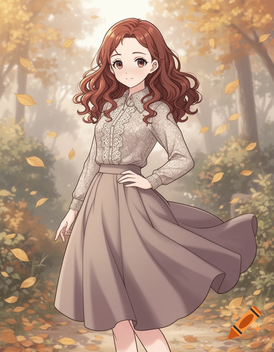 Drawn anime-style girl with wavy red hair and freckles in a lace blouse and long skirt, on an autumn path with falling leaves.