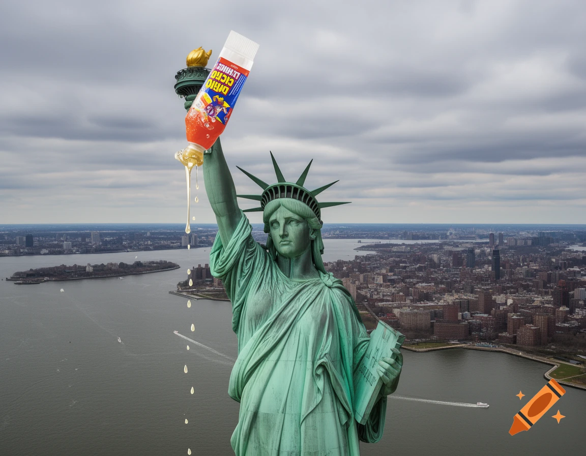 High-angle shot of the Statue of Liberty holding an orange bottle labeled 'DRINK ACTION ELIXIR' with liquid dripping, against a cloudy New York City cityscape.
