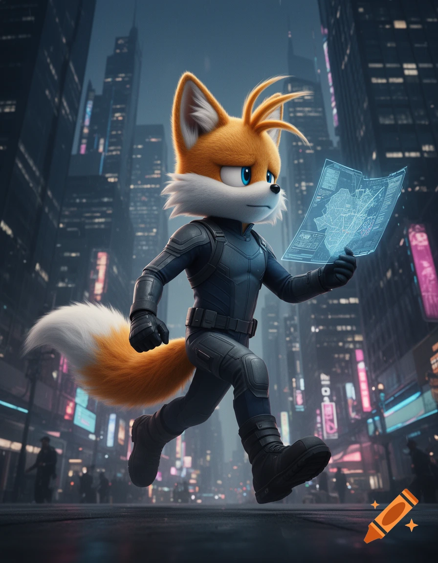 Tails the Fox in a tactical suit runs through a futuristic city at night, holding a glowing blue holographic map.
