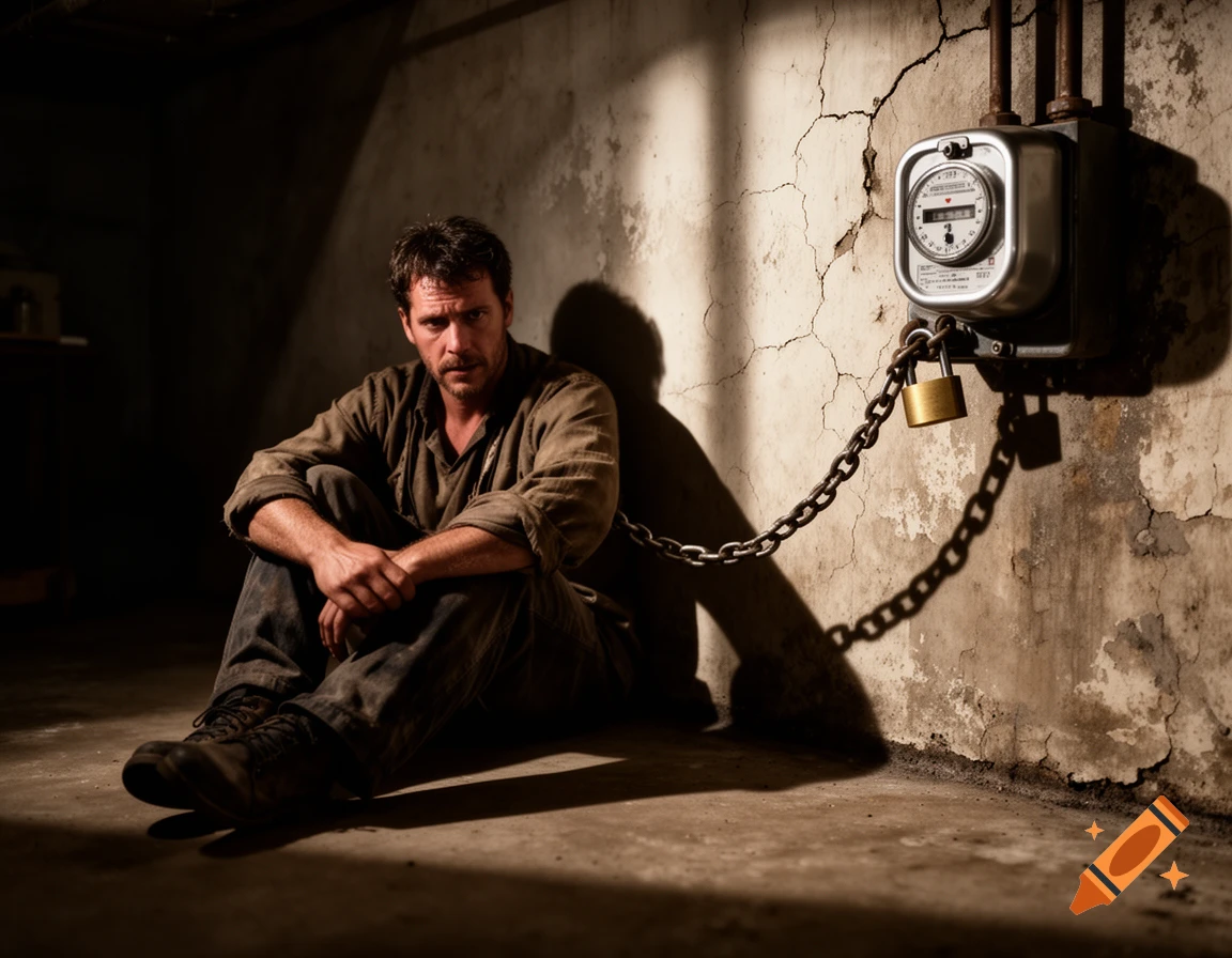 A man sits in a dark, gritty basement, chained to an old electricity meter on a cracked wall, with dramatic shadows.