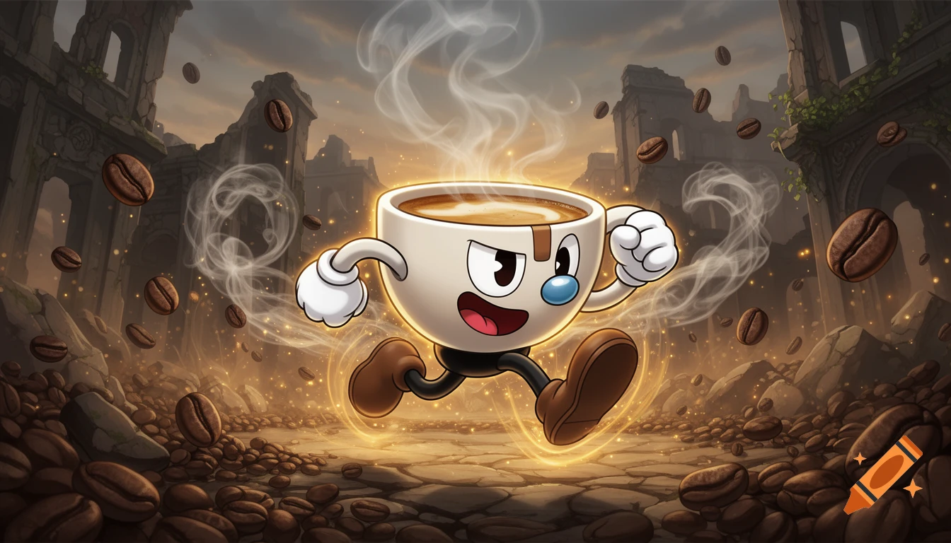 A vibrant Cuphead-style coffee cup character runs through an enchanted ruined landscape filled with coffee beans and steam.