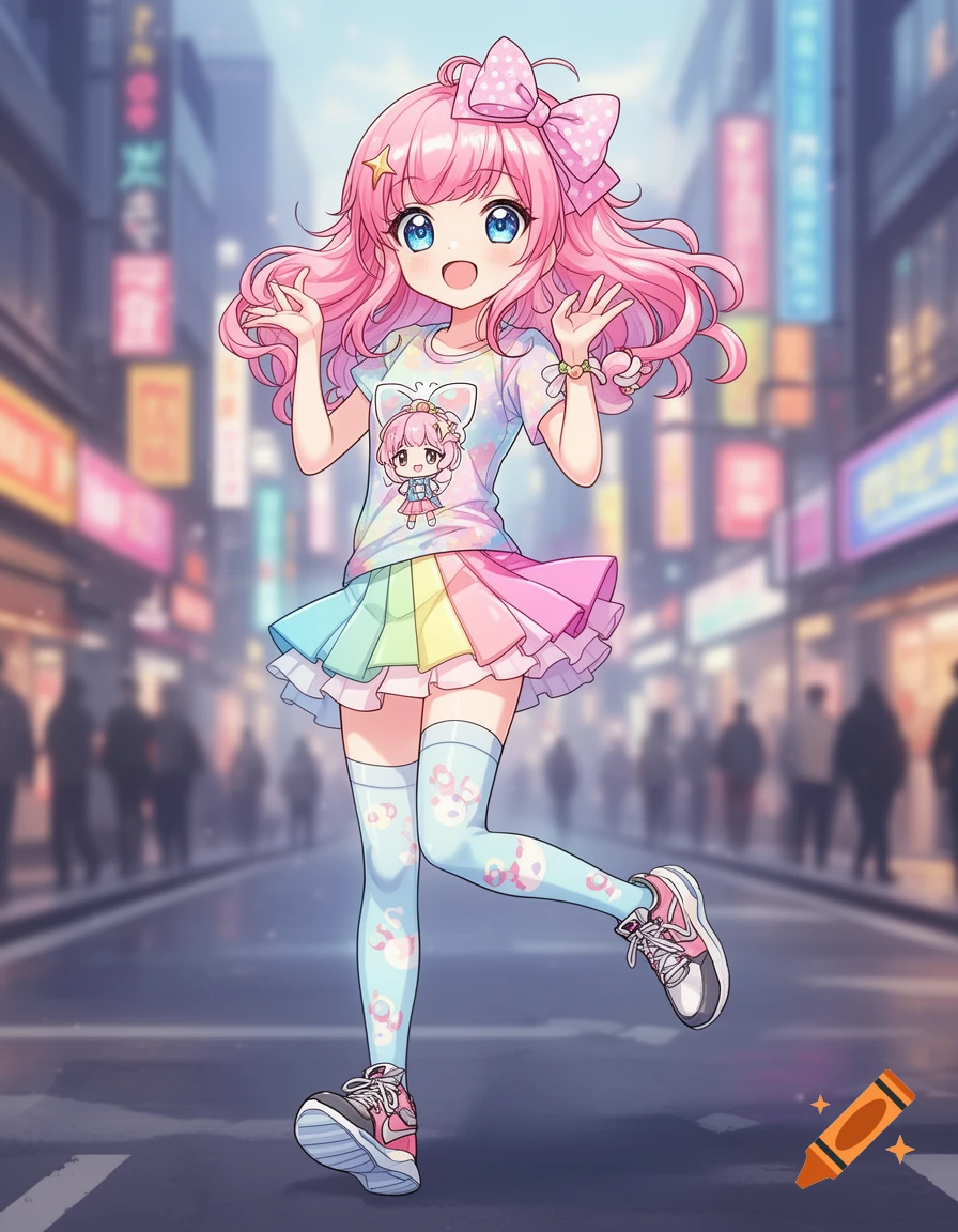 A cute anime girl with pink hair and blue eyes, wearing a colorful rainbow skirt and a polka dot bow, waves on a city street.