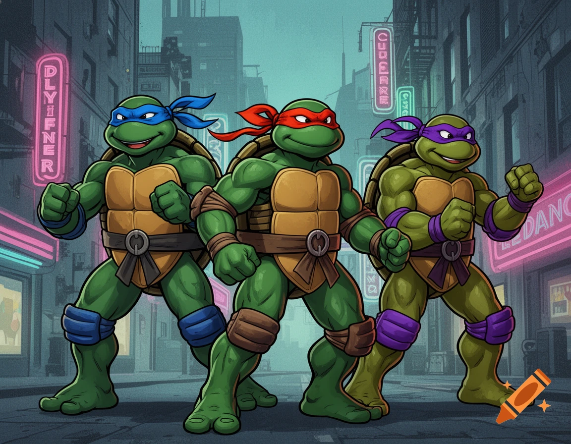 Three Teenage Mutant Ninja Turtles (Leonardo, Raphael, Donatello) stand ready in a stylized neon-lit city street at night.