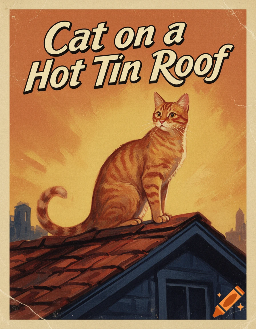 Vintage illustration of an orange tabby cat on a red tiled roof against an orange sky, with the title 'Cat on a Hot Tin Roof'.