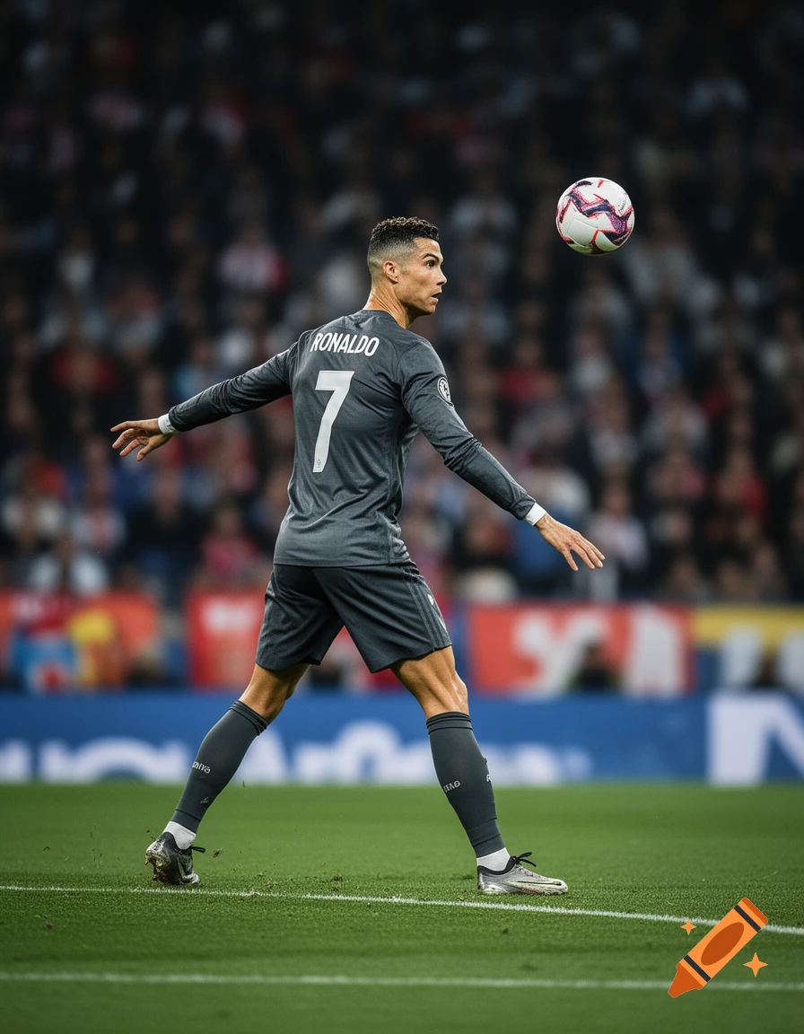 Photorealistic image of Cristiano Ronaldo in a gray soccer jersey with 'RONALDO 7' on the back, looking right as a soccer ball floats nearby on a green field.