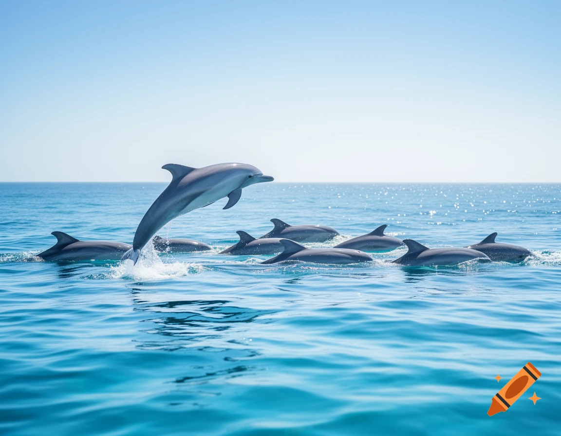 A pod of dolphins in a bright blue ocean, with one dolphin leaping out of the water, under a clear sky.