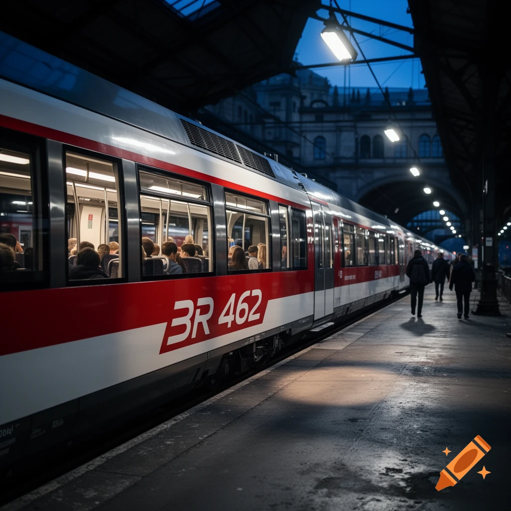 A modern red and white train, labeled BR 462, waits at a dimly lit station platform with passengers inside and people walking.