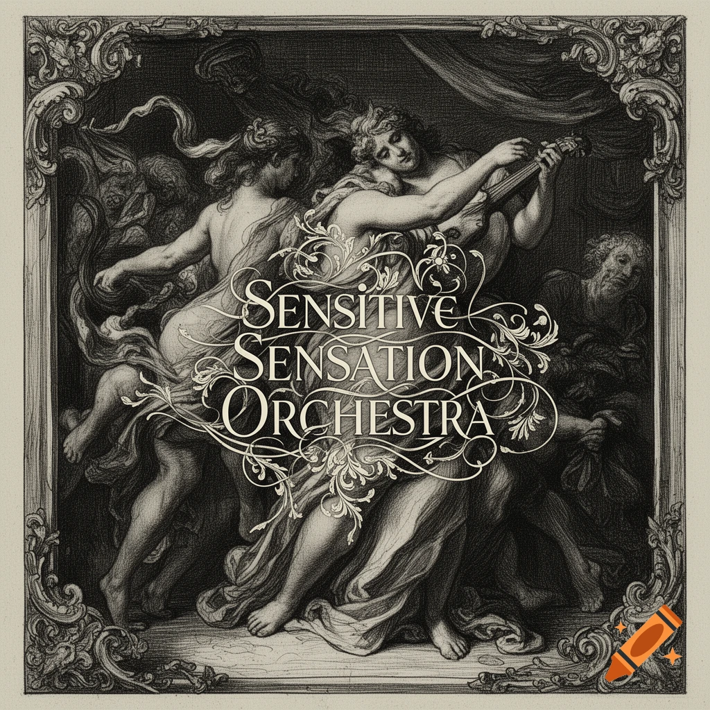Monochrome etching in Goya style of classical figures, some partially draped, with 'SENSITIVE SENSATION ORCHESTRA' text.