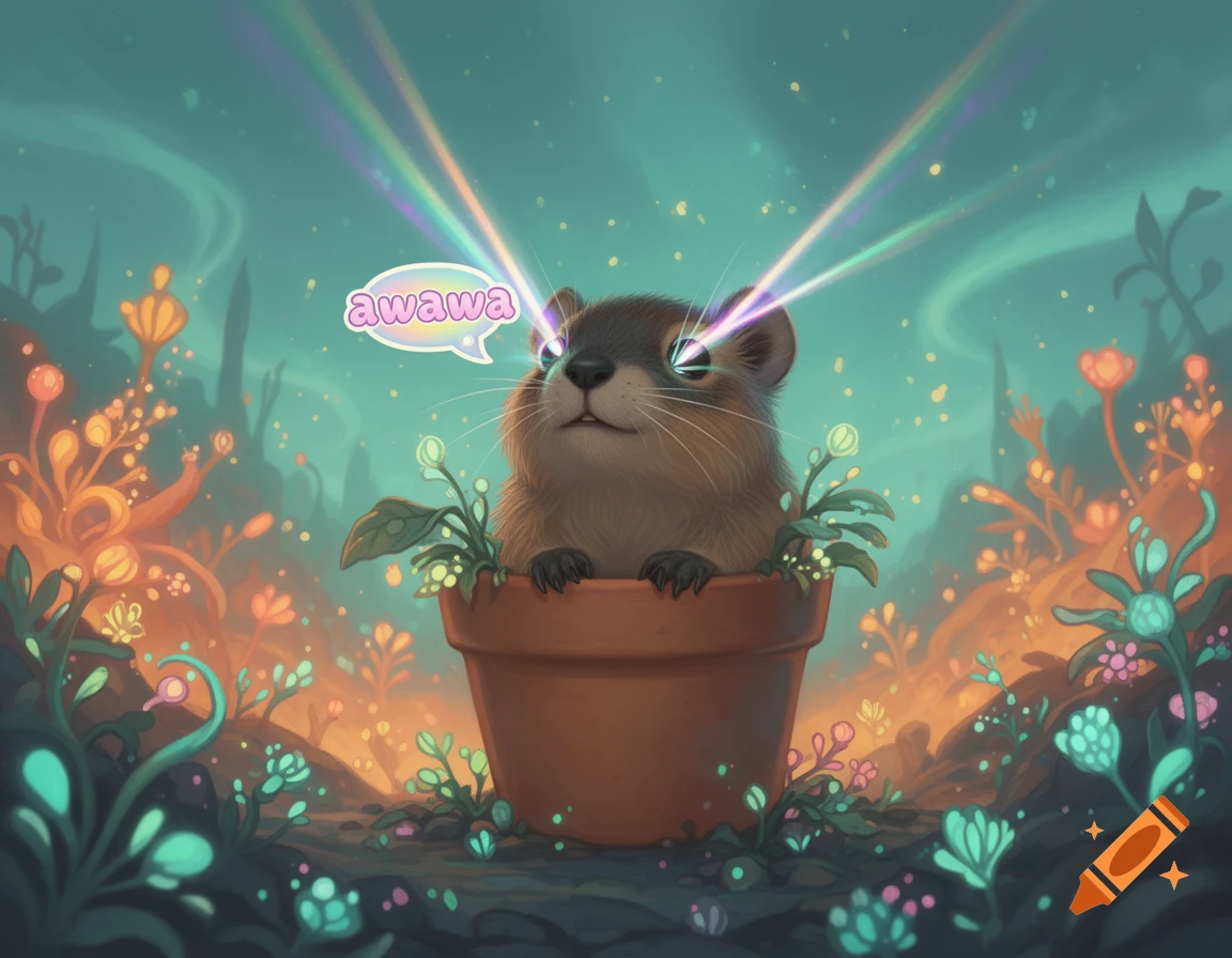 A cute furry animal in a pot shoots rainbow lasers from its eyes and says "awawa" in a whimsical, glowing fantasy garden.