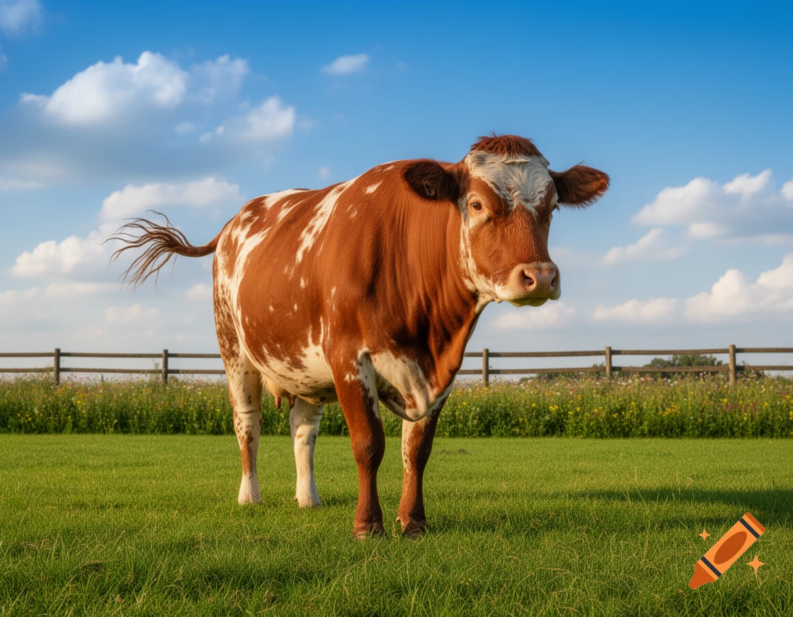 Photorealistic brown and white cow standing in a green field under a blue sky with white clouds.