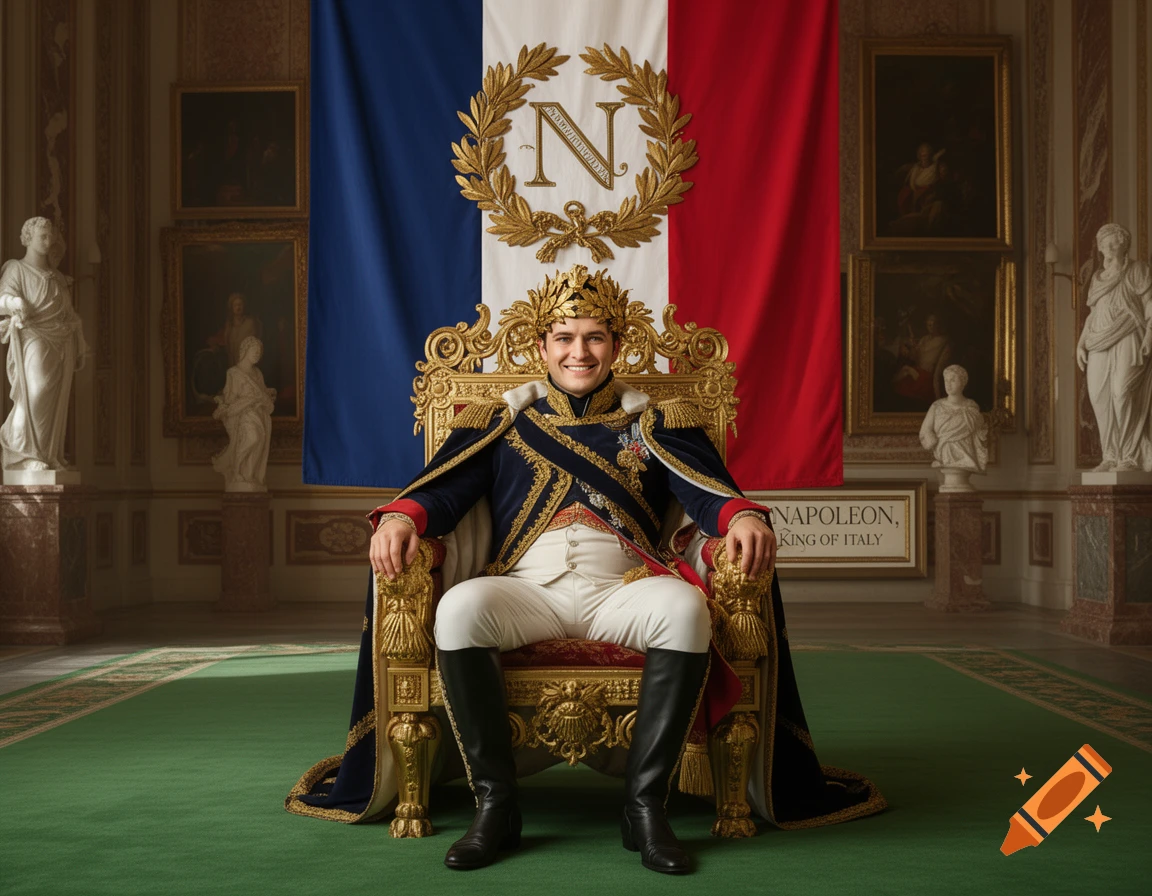 A man dressed as Napoleon Bonaparte, wearing a laurel crown and royal attire, sits on a golden throne in a palace. A French flag and a sign reading "Napoleon, King of Italy" are behind him.