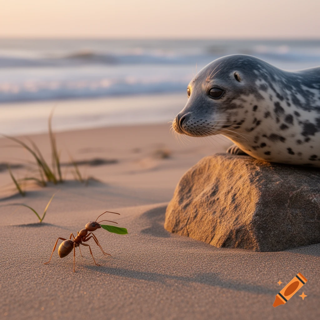 A photorealistic image of a spotted seal resting on a rock, watching a red ant carrying a green leaf on a sandy beach at sunset.