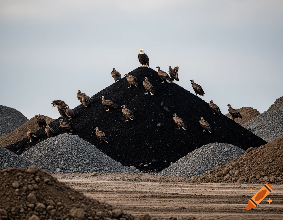 A bald eagle perches atop a large mound of black dirt, surrounded by 19 turkey vultures on various dirt and gravel piles under a light sky.